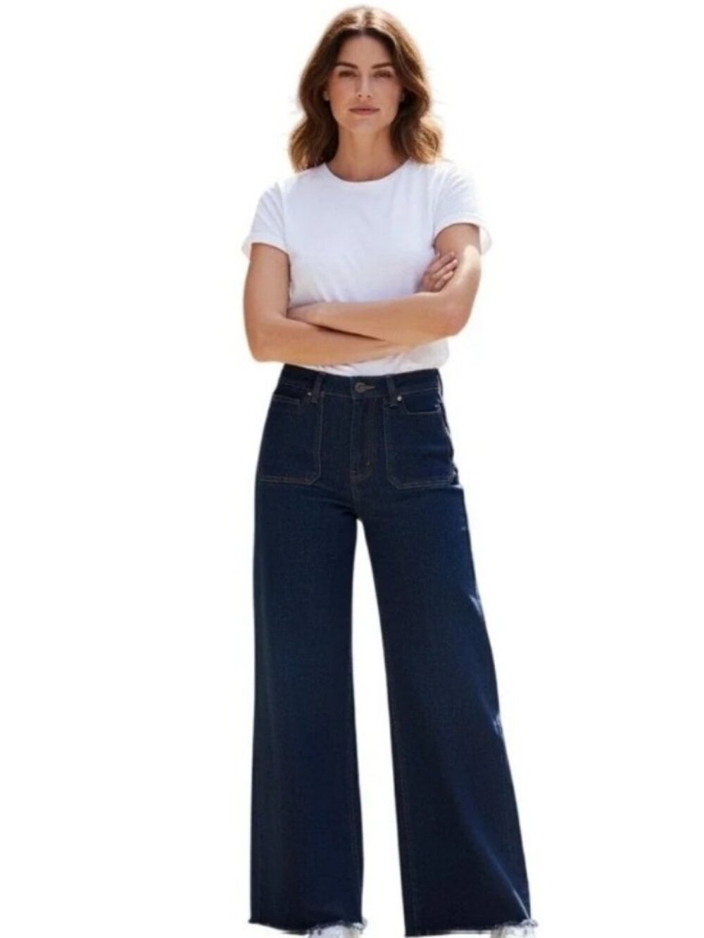 Zara High-Waist Wide Leg Dark Wash Frayed Hem Jeans Size 2 #2543 - Picture 2 of 9